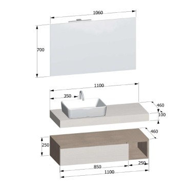 Hängende Badezimmerkomposition von 110 cm aus Duo-751-Eichenholz