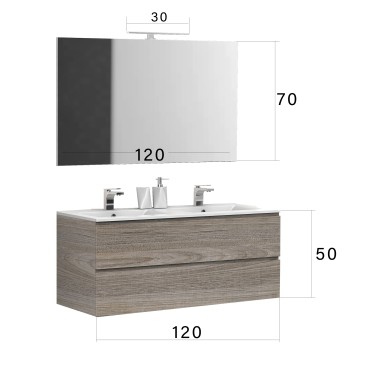 120 cm langer hängender Badezimmerschrank mit Doppelwaschbecken aus Eiche