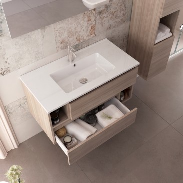 Mobile sospeso 90cm colore legno olmo, lavabo ceramico MOOD-755