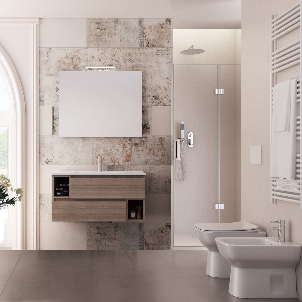 Mobile sospeso 90cm colore legno olmo, lavabo ceramico MOOD-755