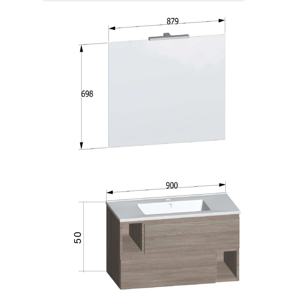 Mobile sospeso 90cm colore legno olmo, lavabo ceramico MOOD-755