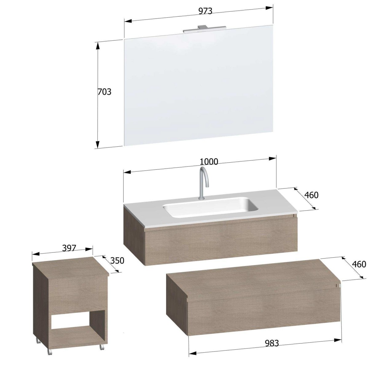 Hängender Badezimmerschrank 120 helle Trance-Eiche mit DUO-754C-Waschbecken