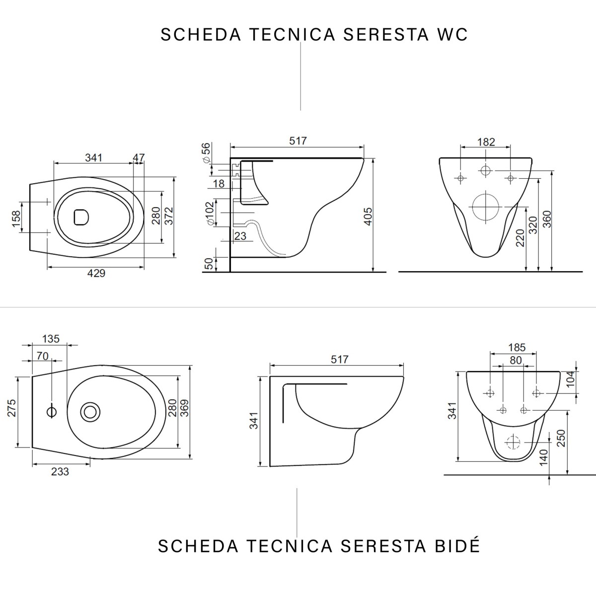 Seresta Paar wandhängende Sanitärartikel, Bidet und Toilette