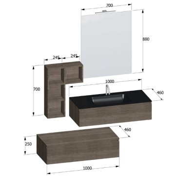 Hängender Badezimmerschrank aus dunkler Eiche mit schwarzem Glaswaschbecken