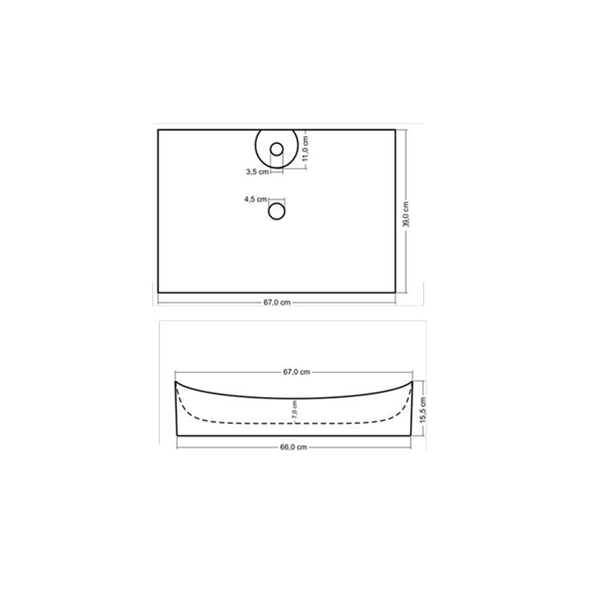 Évier à poser rectangulaire 66x40 avec trou pour robinetterie