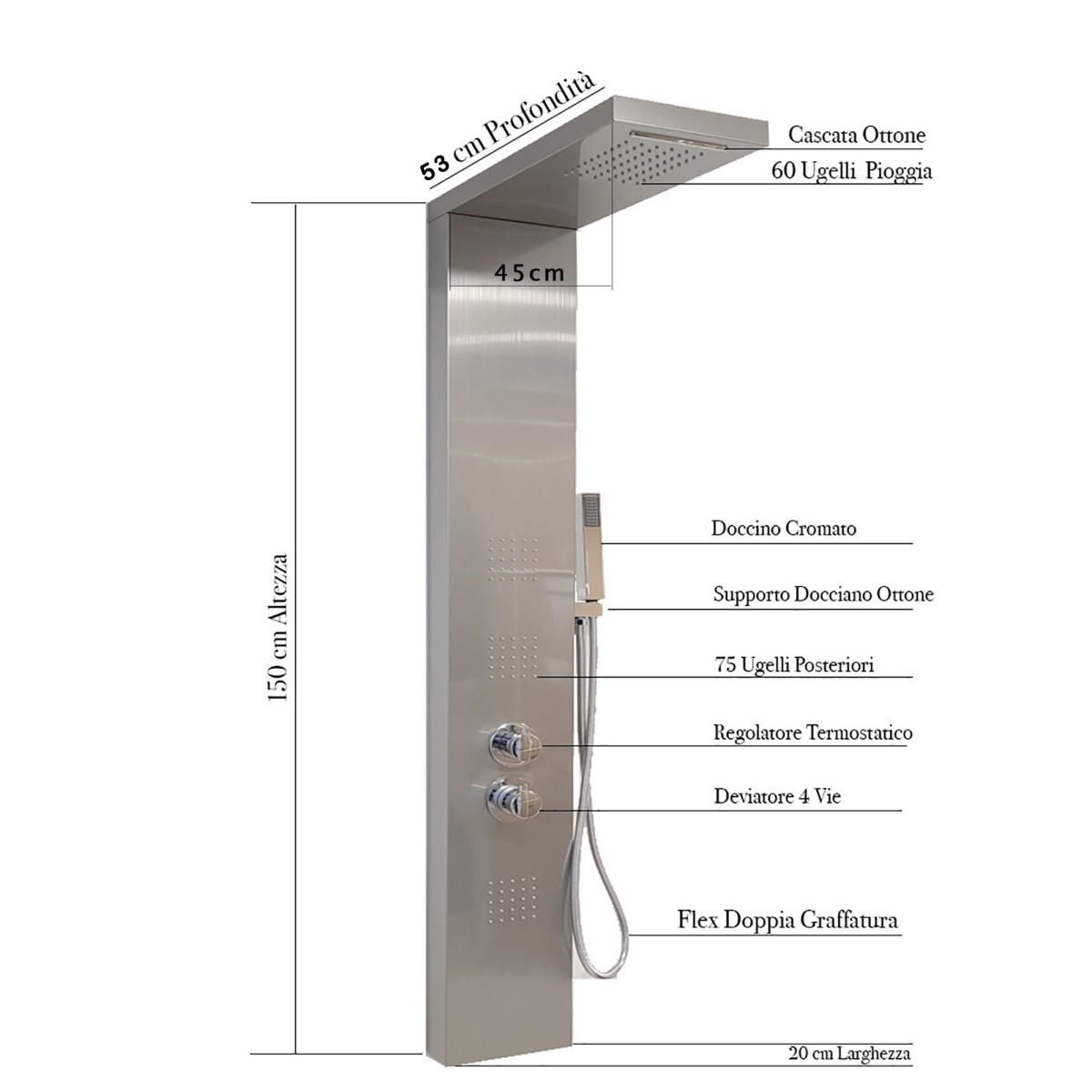 Thermostatische Hydromassagesäule aus gebürstetem Edelstahl | Diamant