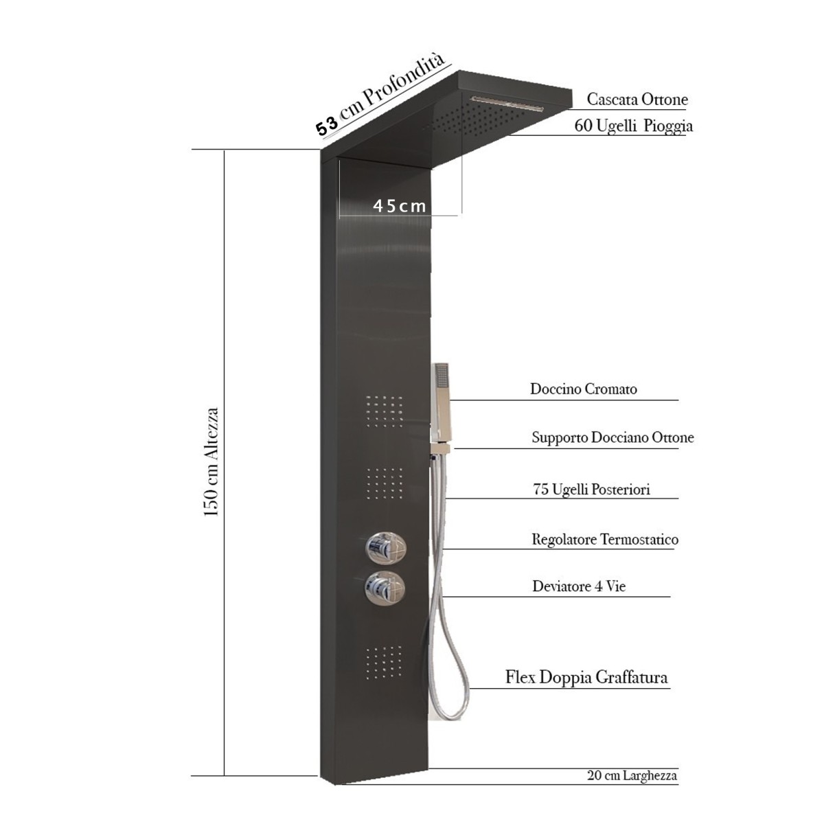 Hochwertige schwarze thermostatische Hydromassagesäule | Schwarzer Diamant