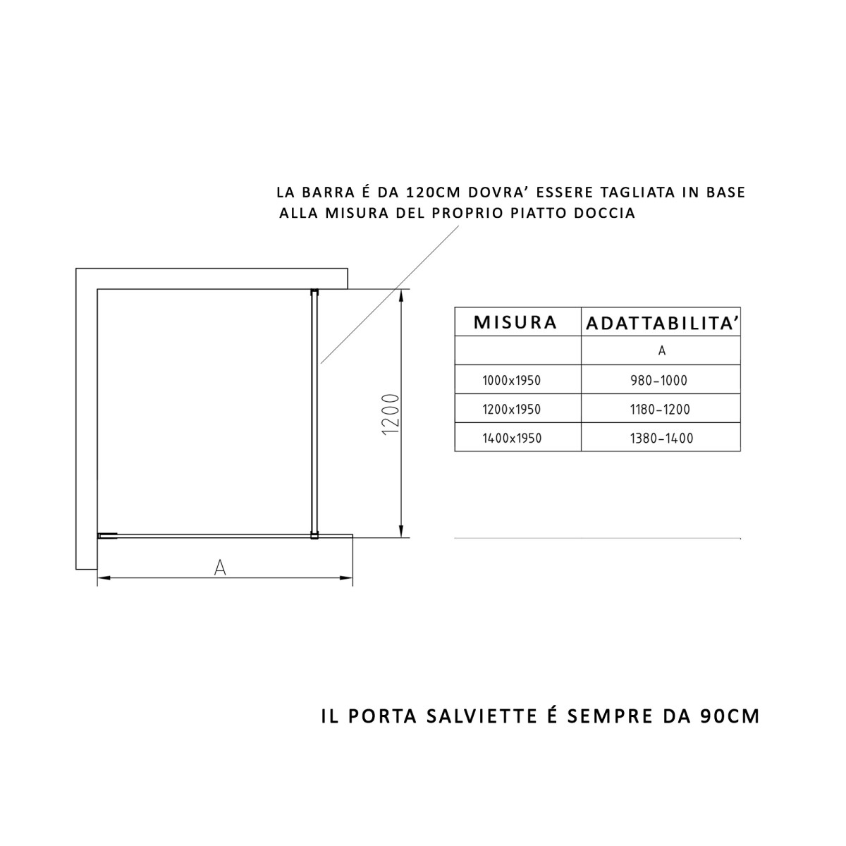 Parete Doccia Walk in 140cm  profili neri con porta salviette H195  ISIDE