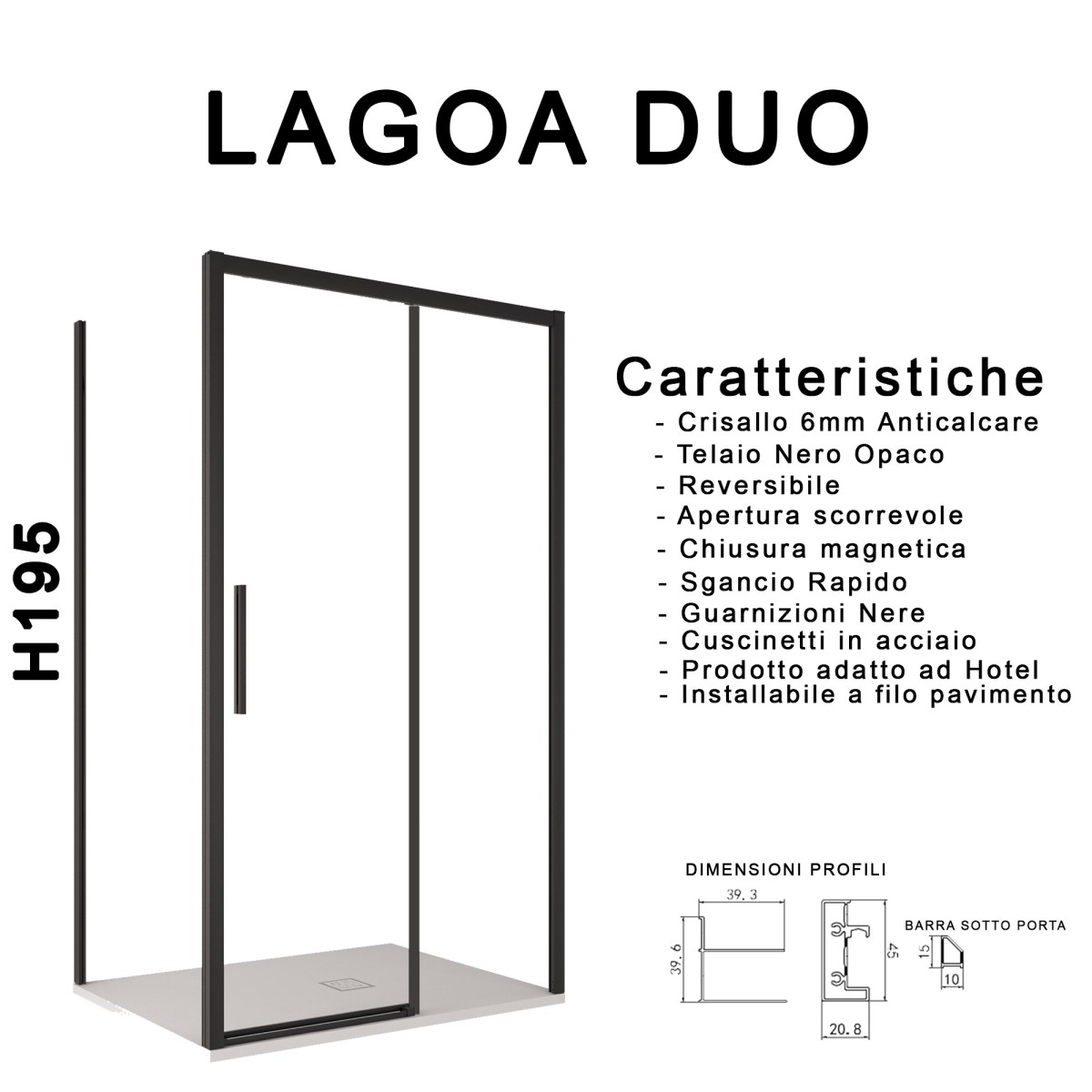 Zweiseitige Duschabtrennung mit schwarzen Profilen LAGOA 6 mm transparentem Glas