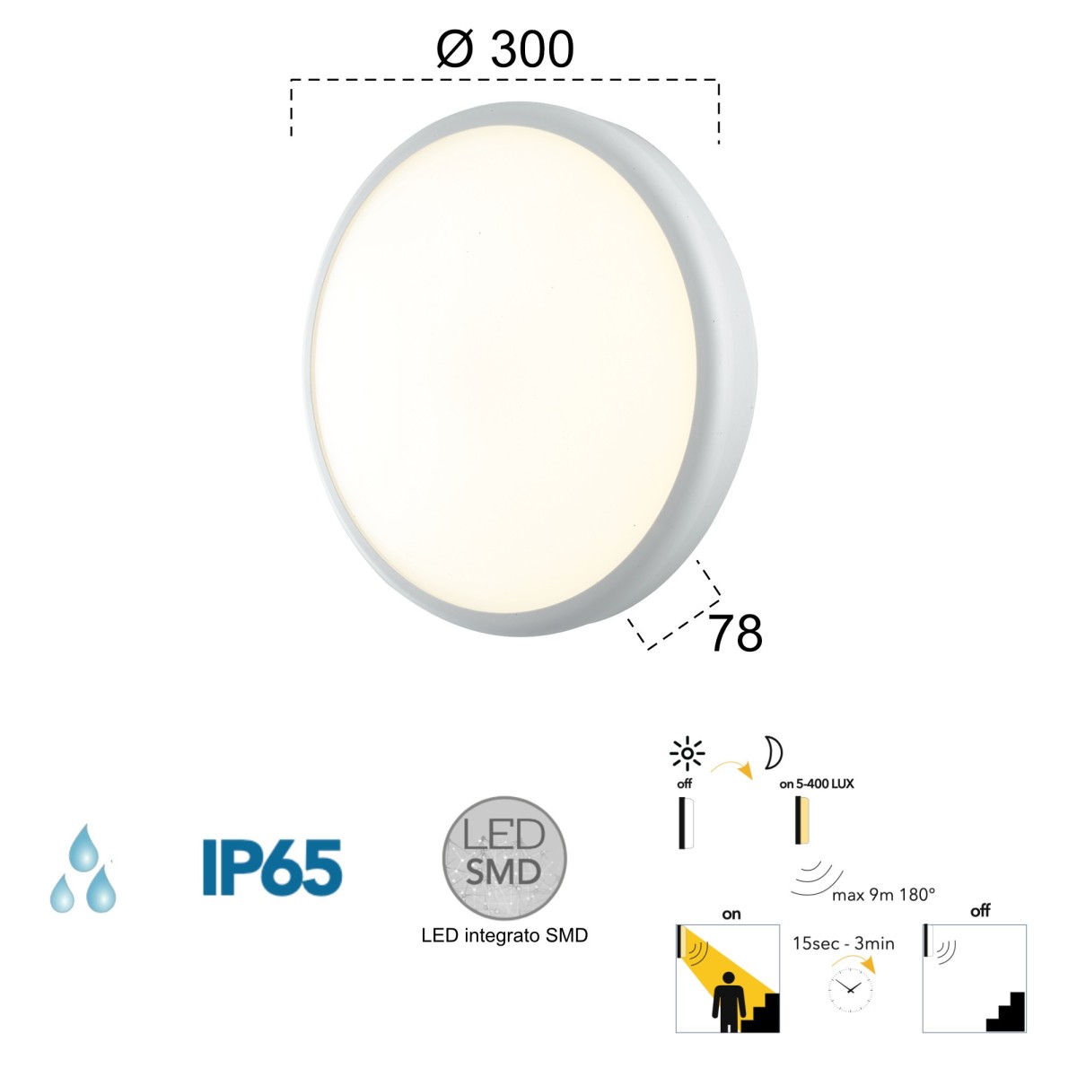 30W LED-Außendeckenleuchte mit weißem Meg Sense-Sensor