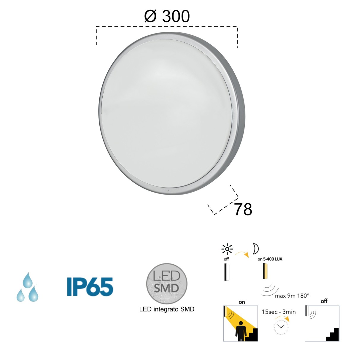 Plafonnier extérieur led 30W avec capteur argent Meg Sense