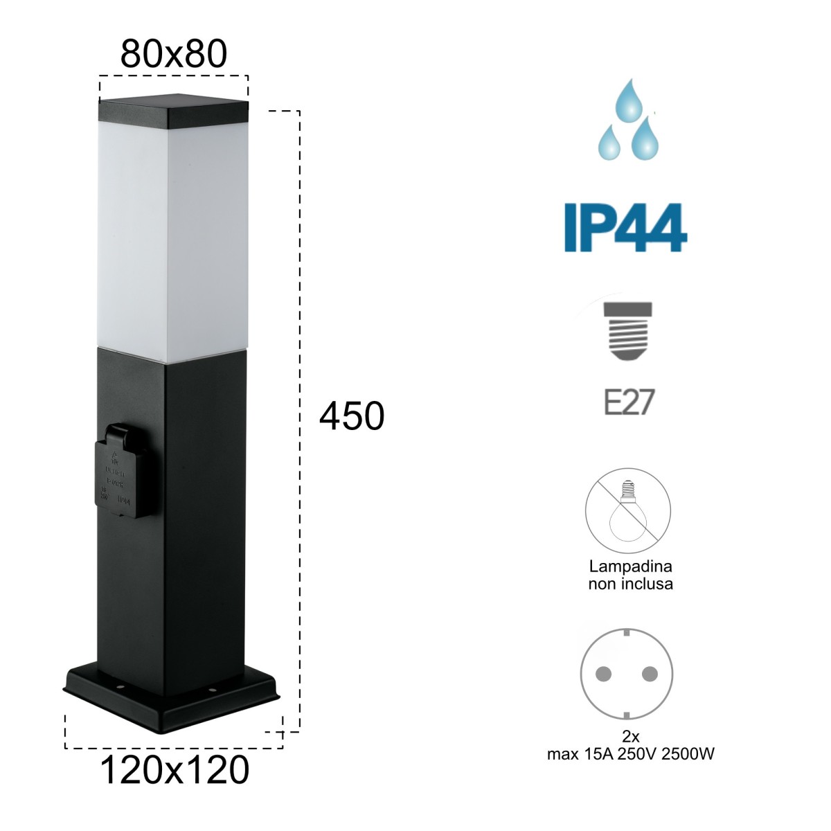 Poteau d'éclairage extérieur 60W E27 et prises de courant schuko anthracite