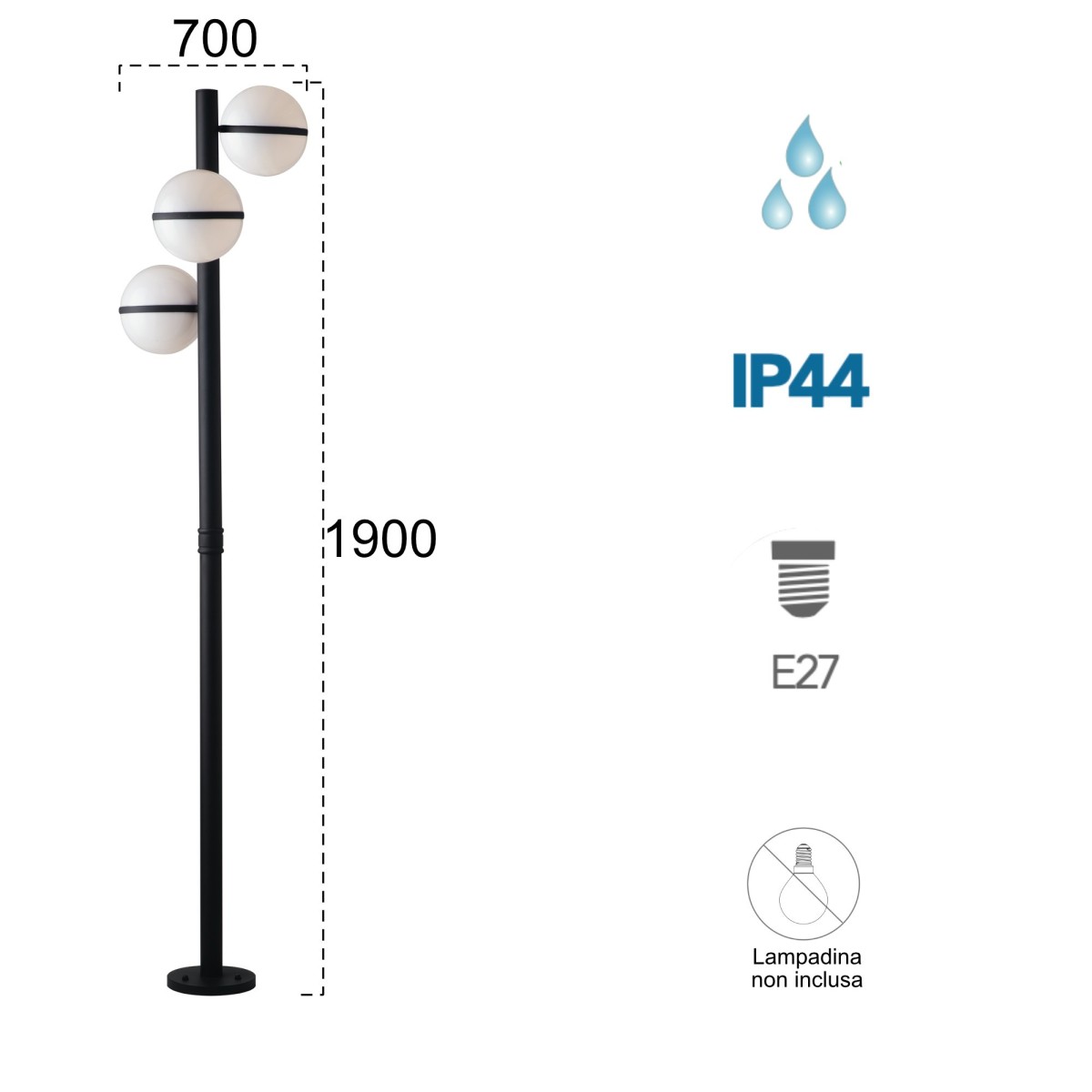 Palo luce per esterno 3x60W E27 nero Orb