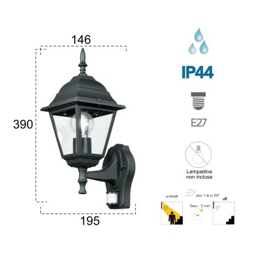 60W E27-Außenwandleuchte mit schwarzem Sensor Paris Sense