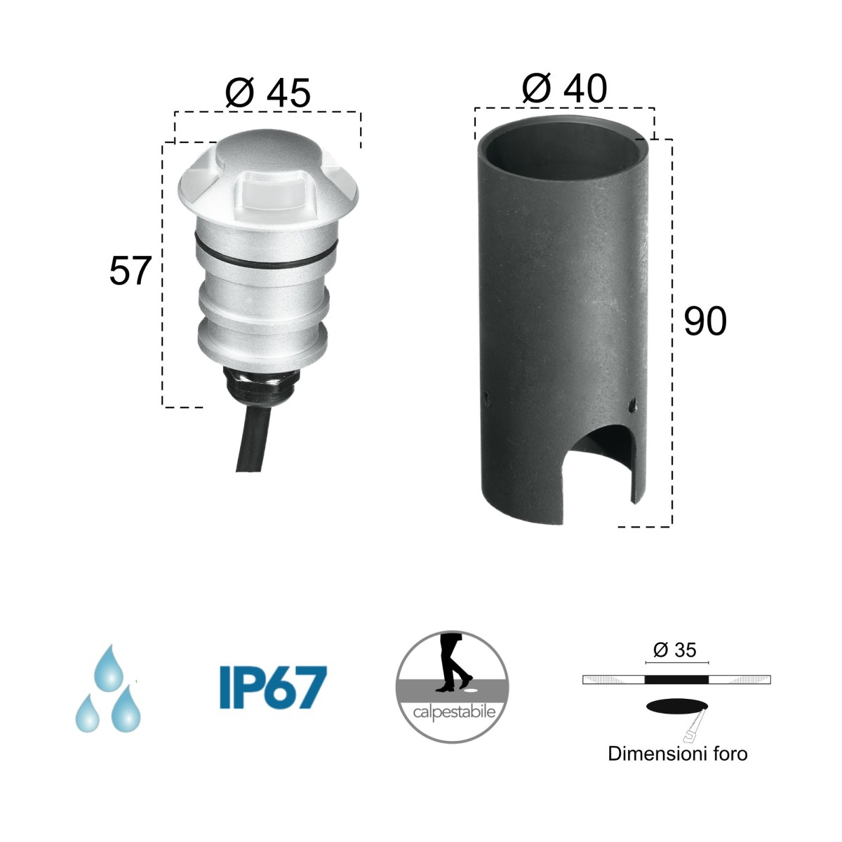 3W LED-Stufeneinbauleuchte 3000K mit vierfacher Emission, Nickel Pin