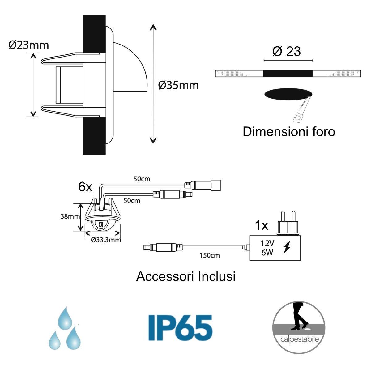 Kit mit 6 0,6-W-Einbauleuchten mit verstellbaren Nickel-Ketten-LEDs