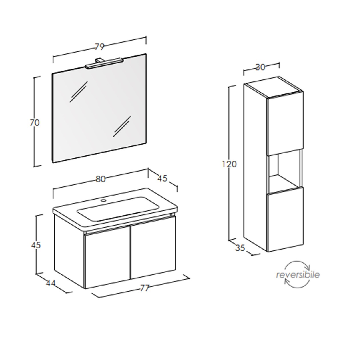 80 cm lange hängende mobile Badezimmerkomposition mit grauer Säule