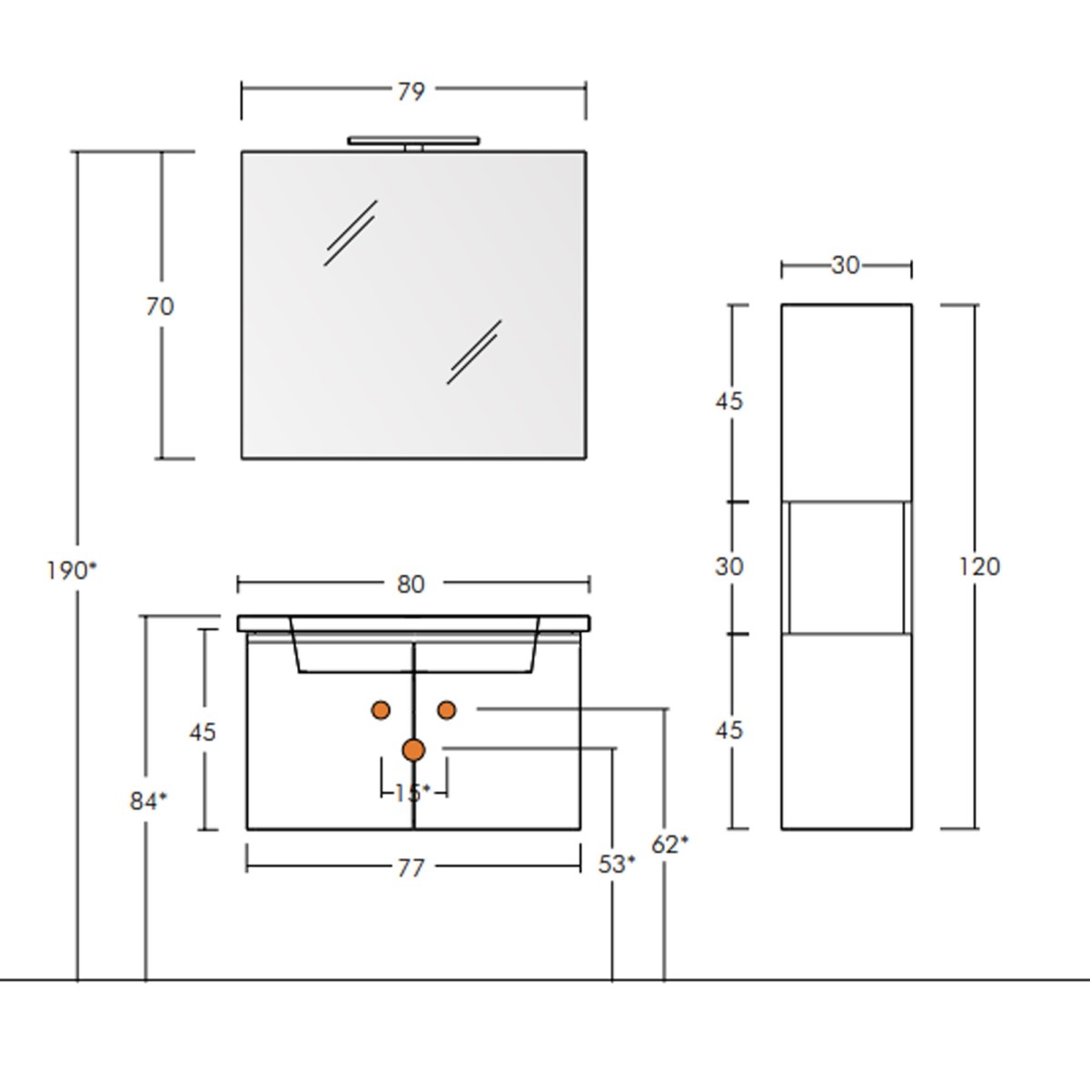 80 cm lange, hängende mobile Badezimmerkomposition mit Ulmen-Terra-Säule