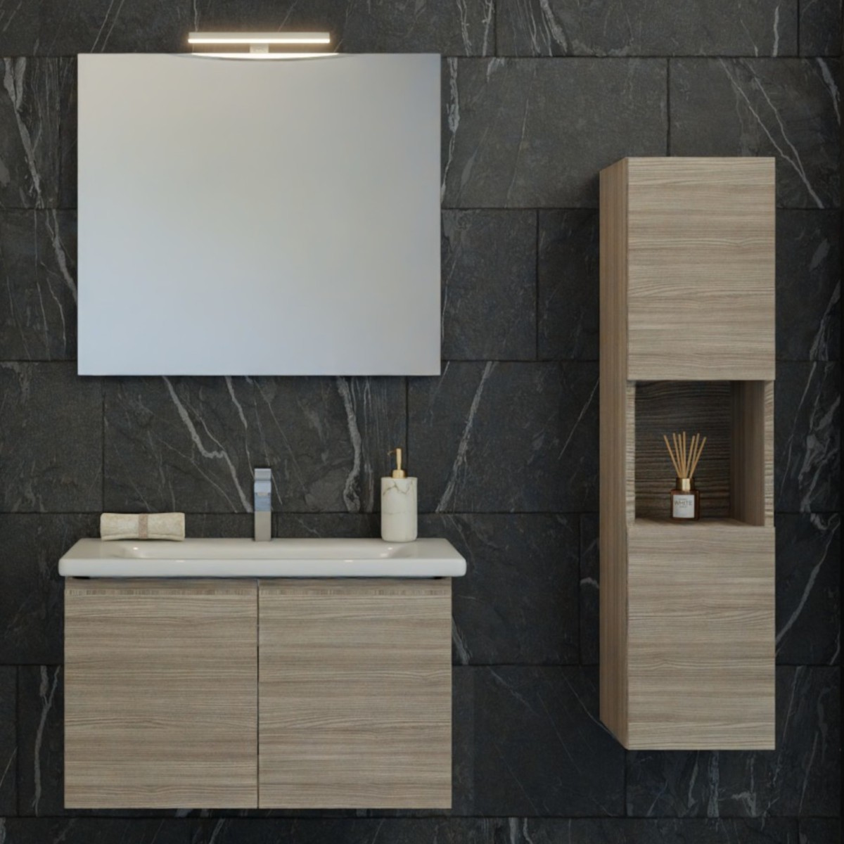 Composizione Bagno mobile sospeso 80cm con colonna olmo terra