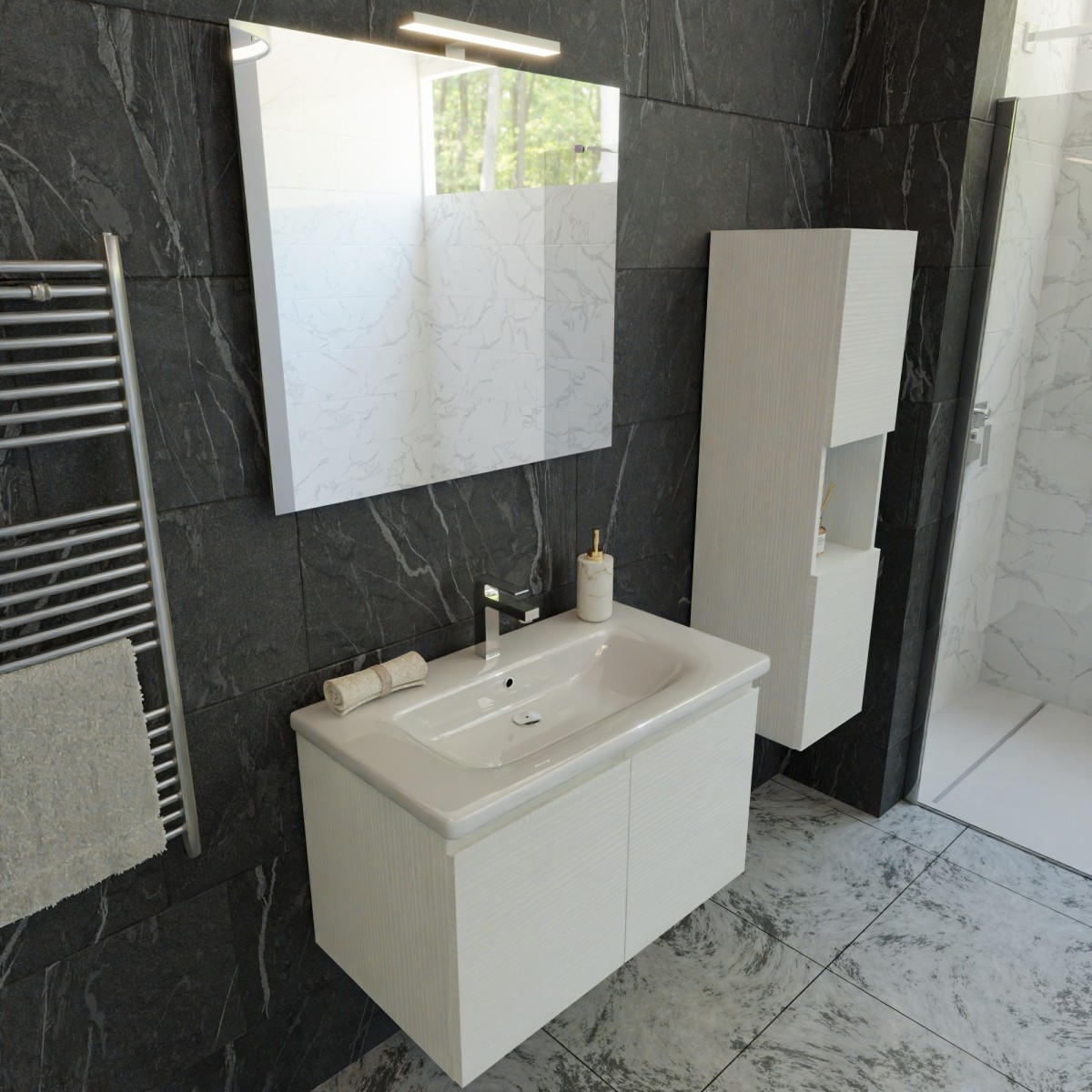 Composizione Bagno mobile sospeso 80cm con colonna bianco larice