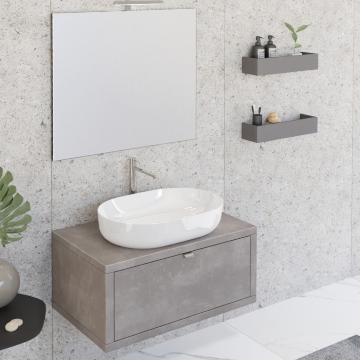 Meuble de salle de bain suspendu 80cm béton gris chaud avec miroir DOMINO