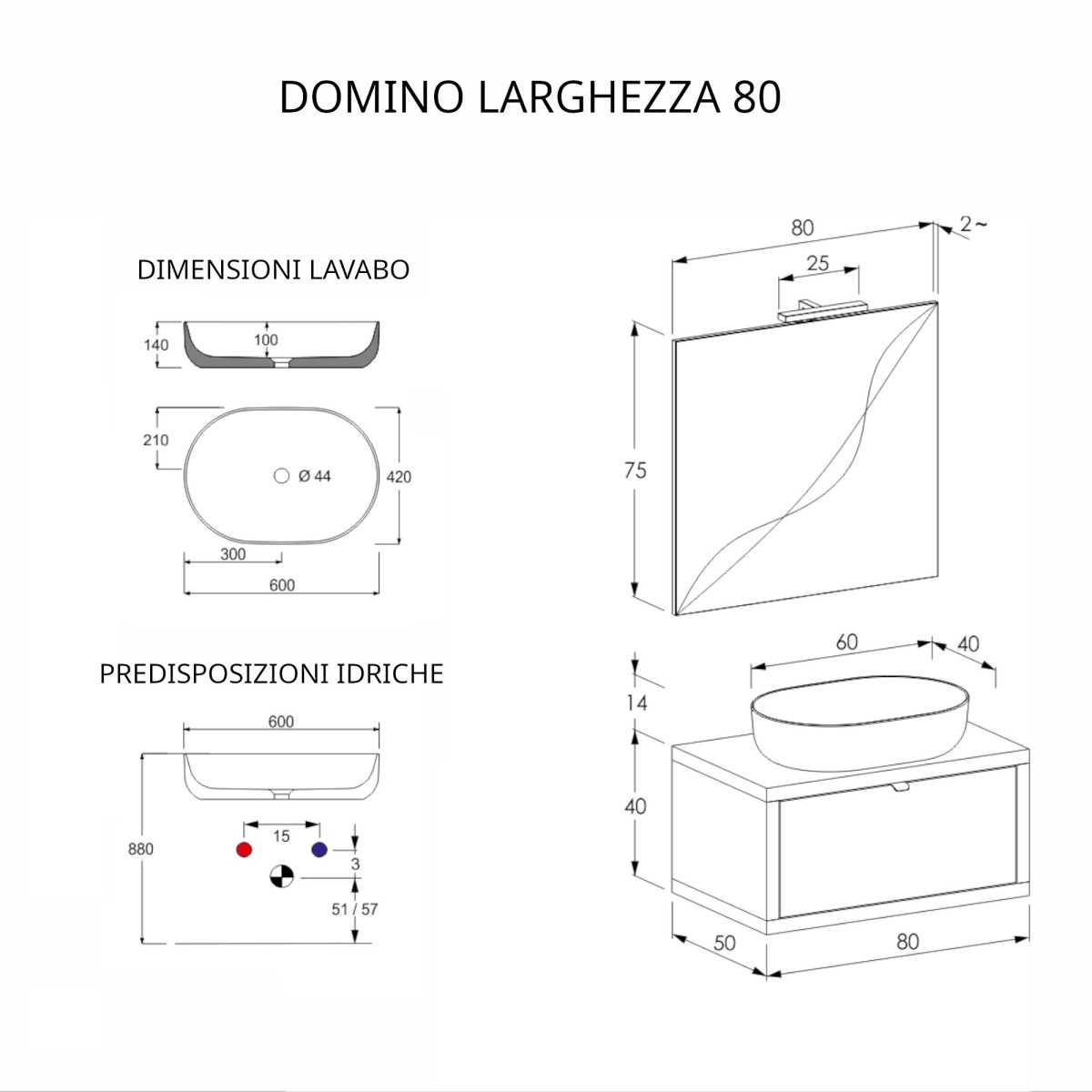 Meuble de salle de bain suspendu 80cm béton gris chaud avec miroir DOMINO