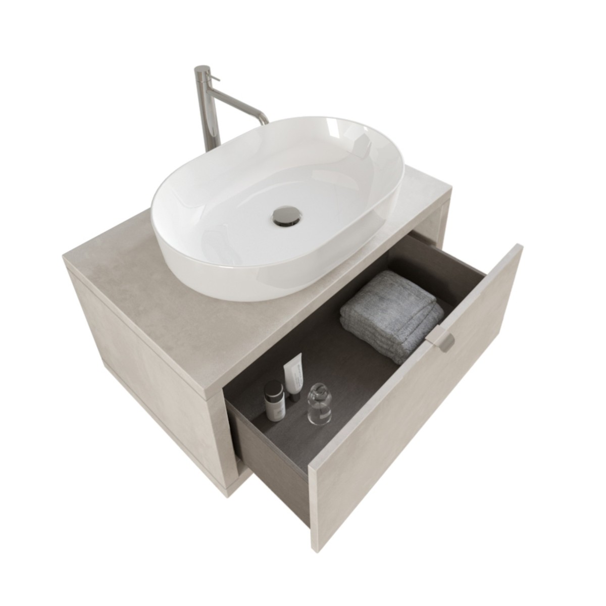 Meuble de salle de bain suspendu 80cm béton gris ciel avec miroir DOMINO