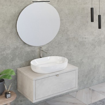 Meuble de salle de bain suspendu 80cm béton gris ciel avec miroir DOMINO