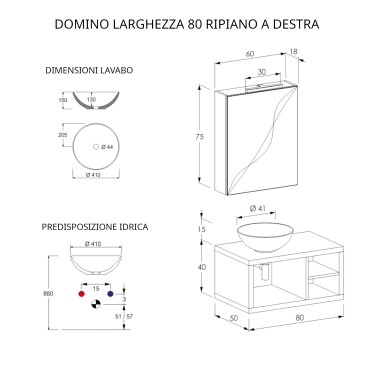 Hängender Badezimmerschrank 80 cm, ein Regal und himmelgrauer Spiegel DOMINO