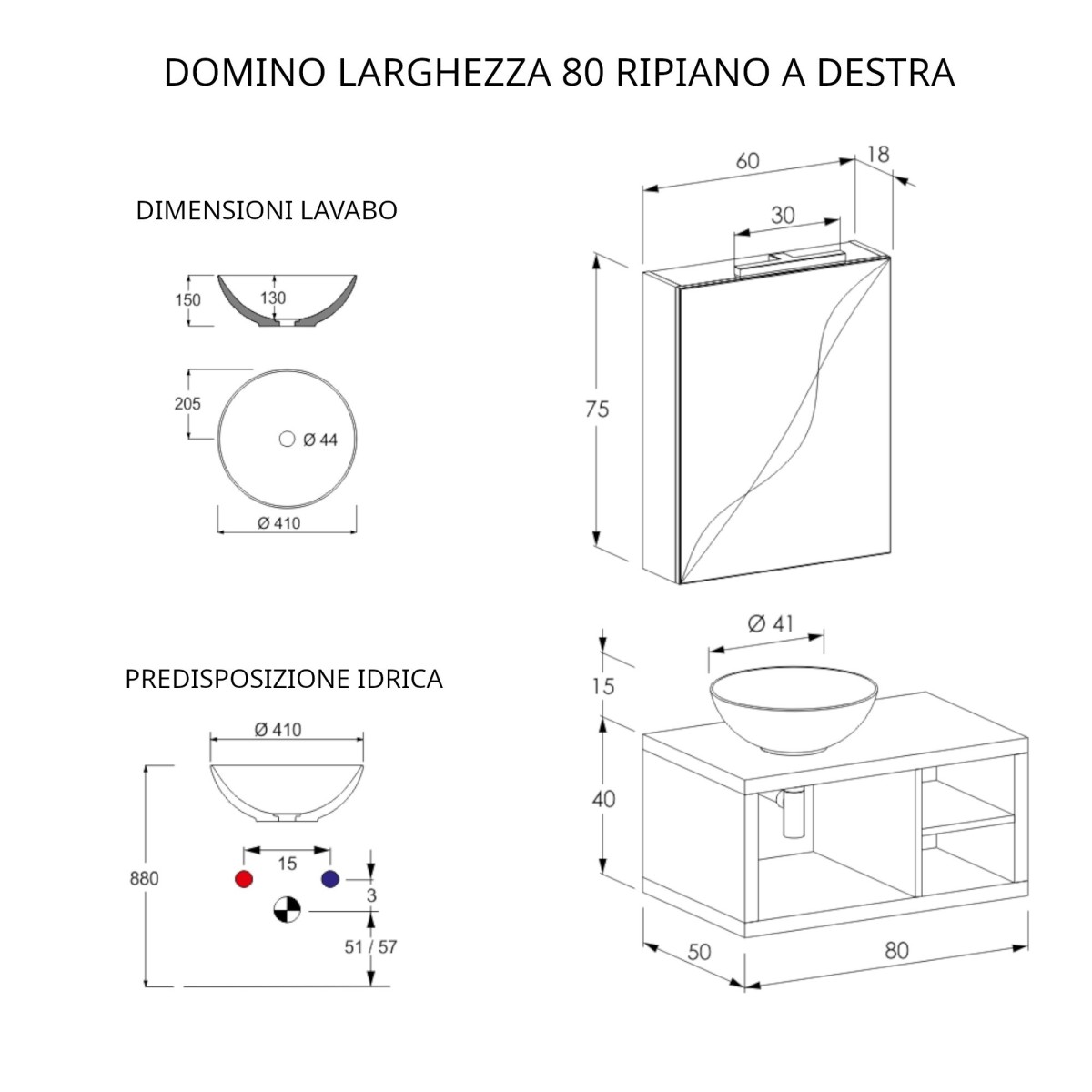 Hängender Badezimmerschrank 80 cm, ein Regal und himmelgrauer Spiegel DOMINO