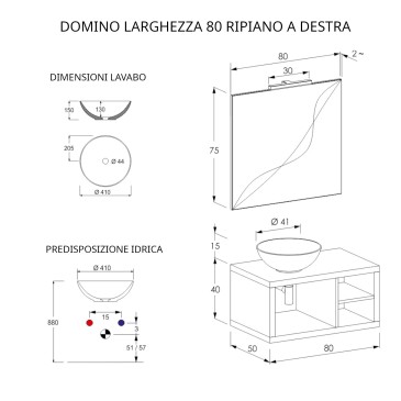 Hängender Badezimmerschrank 80 cm, ein Regal und Spiegel in DOMINO-Eiche