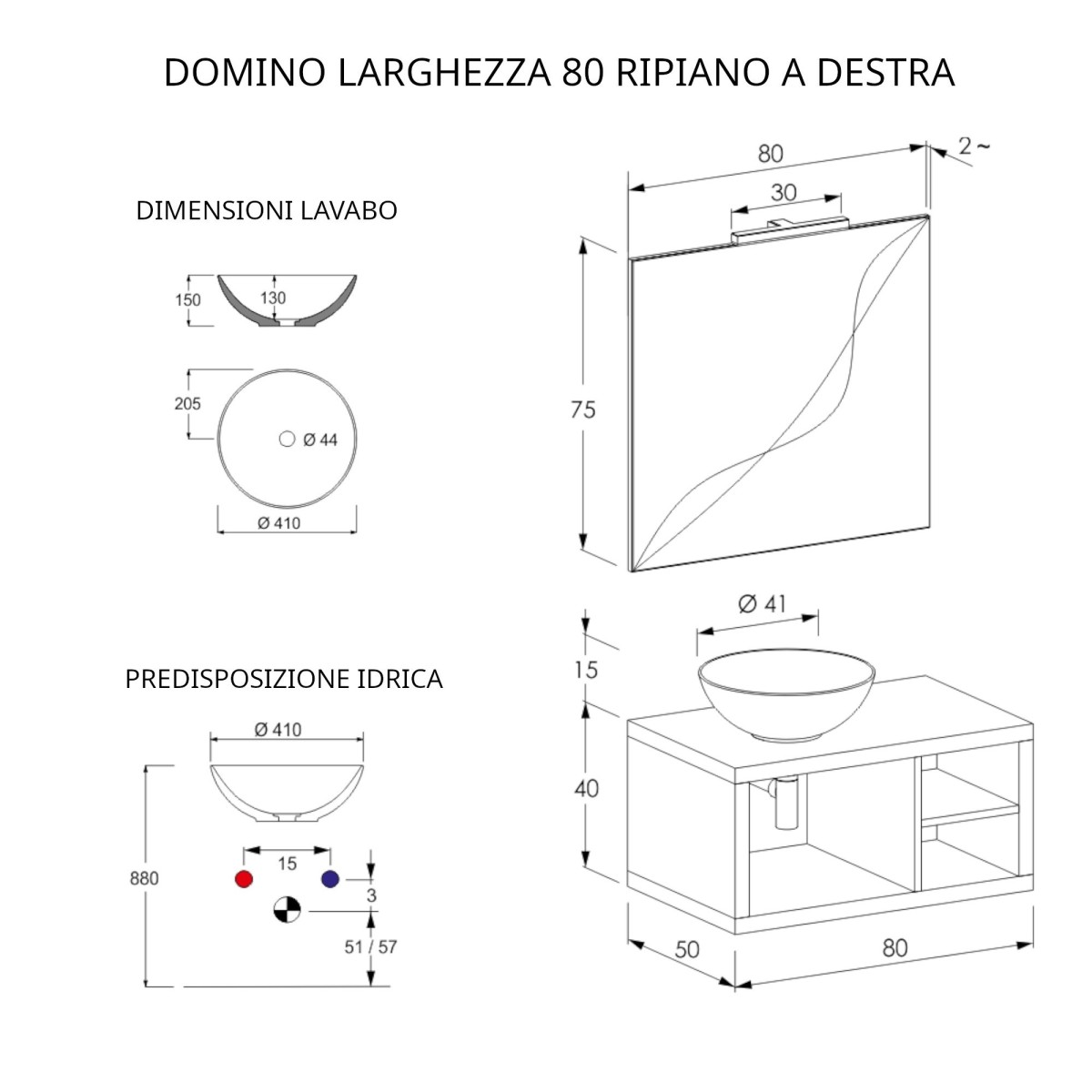 Hängender Badezimmerschrank 80 cm, ein Regal und Spiegel in DOMINO-Eiche