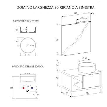 80 cm hängender Badezimmerschrank mit Regal und warmgrauem Spiegel DOMINO