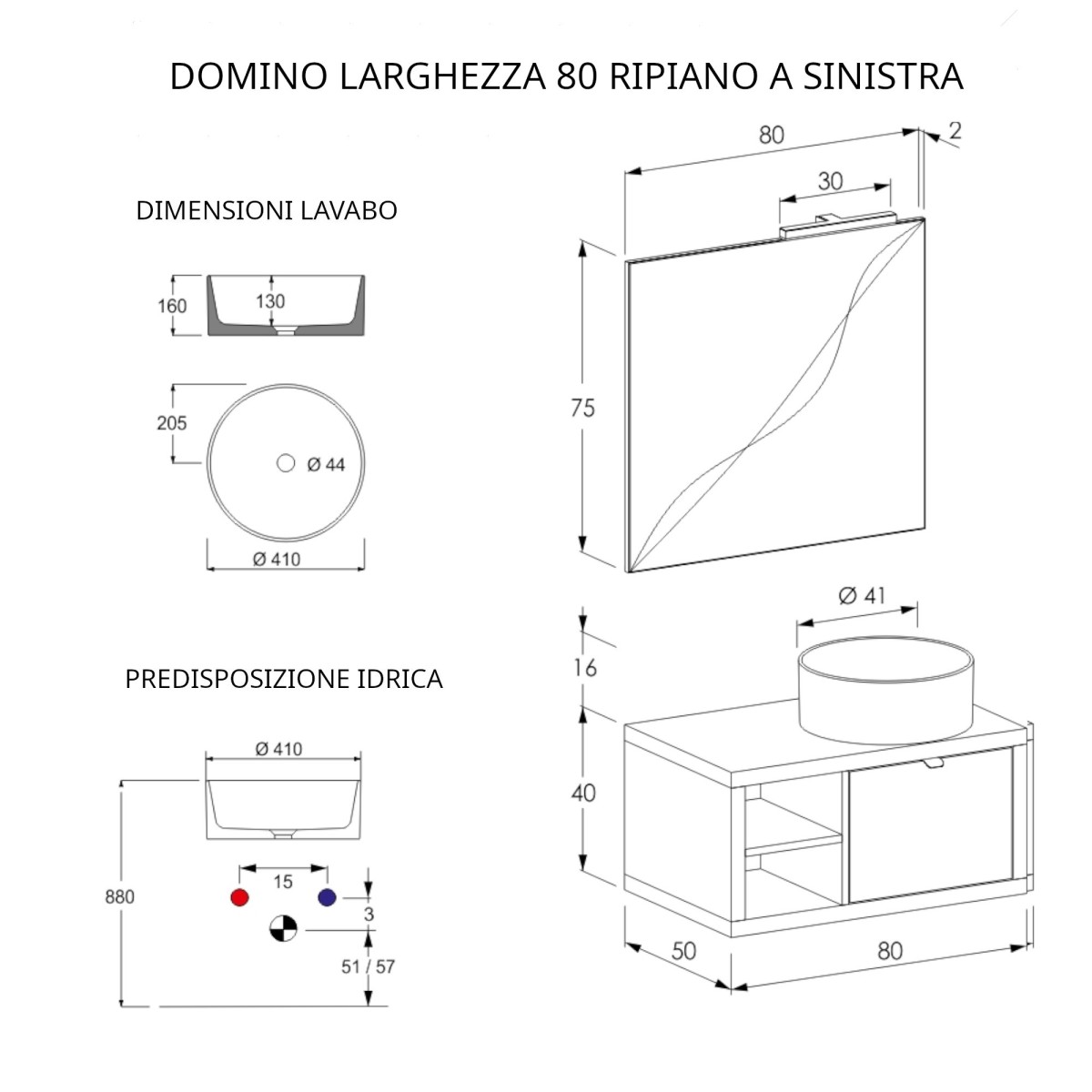 80 cm hängender Badezimmerschrank mit Regal und warmgrauem Spiegel DOMINO