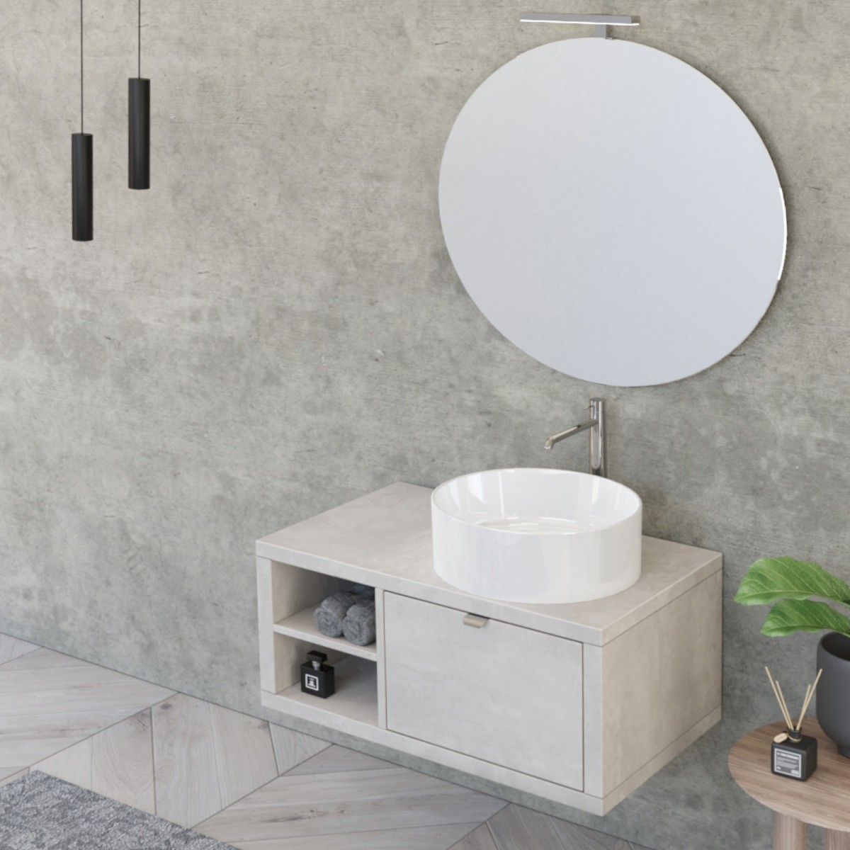 Meuble de salle de bain suspendu 80cm avec étagère et miroir DOMINO gris ciel