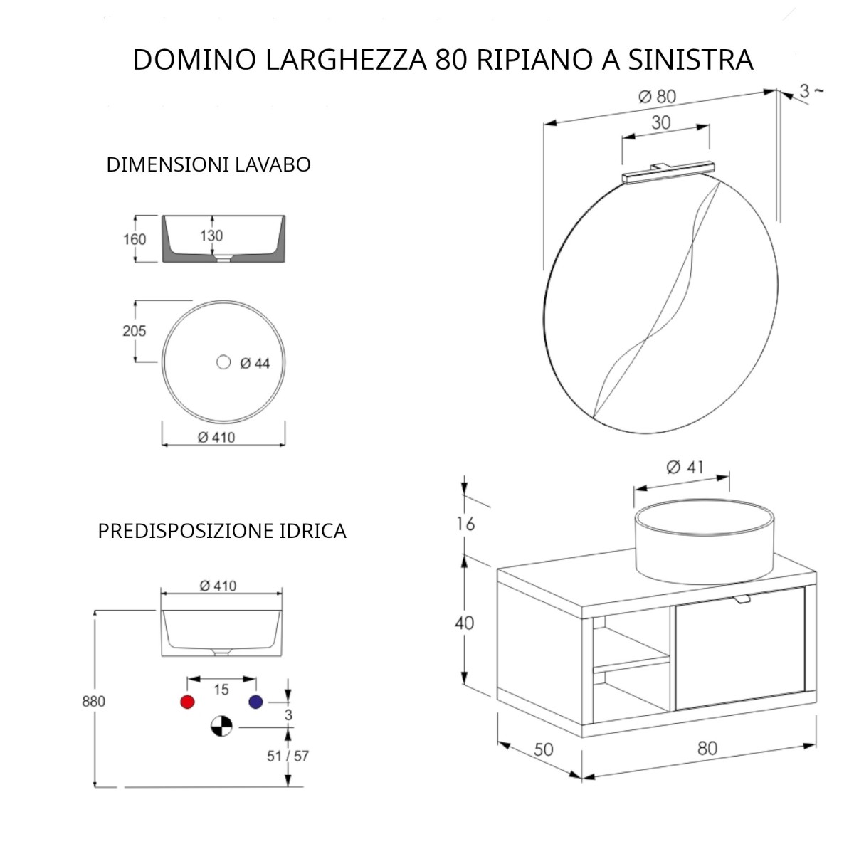 80 cm langer hängender Badezimmerschrank mit Regal und Spiegel aus DOMINO-Eiche