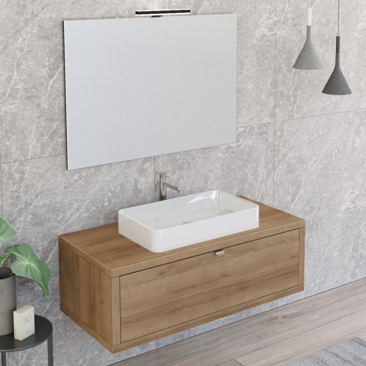 Meuble de salle de bain suspendu 110cm chêne farnia avec miroir DOMINO