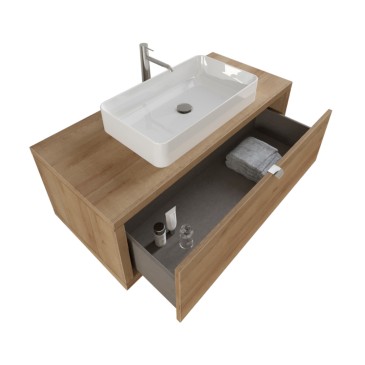 Meuble de salle de bain suspendu 110cm chêne farnia avec miroir DOMINO