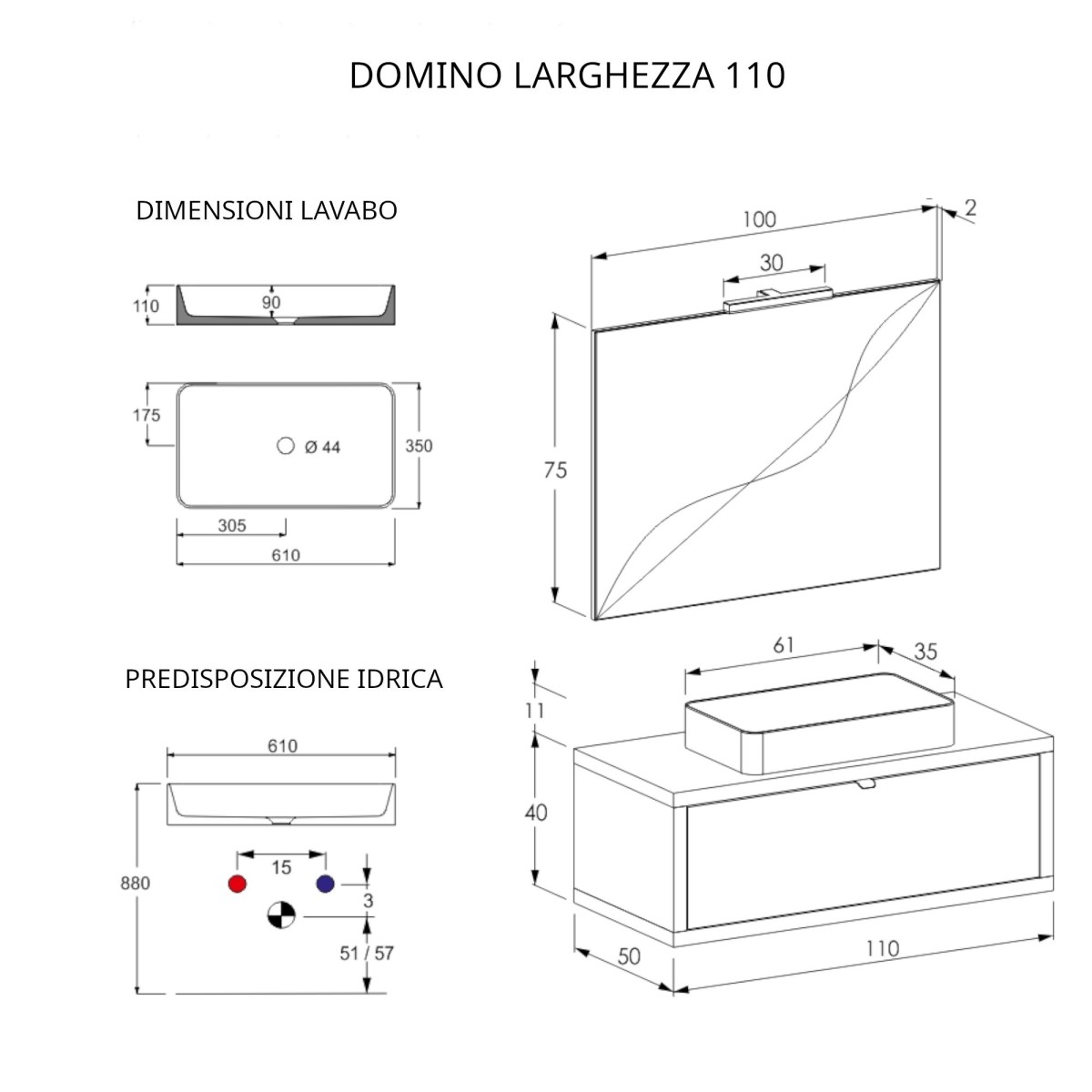 Hängender Badezimmerschrank 110 cm Eiche mit DOMINO-Spiegel