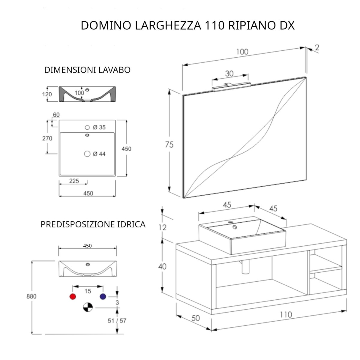 Hängender Badezimmerschrank 110 cm, ein Regal und warmgrauer Spiegel DOMINO