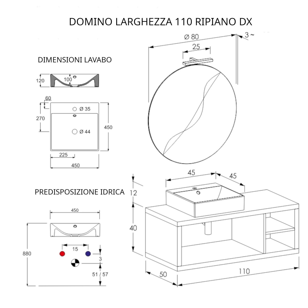 Hängender Badezimmerschrank 110 cm mit einem Regal und Spiegel in DOMINO-Eiche