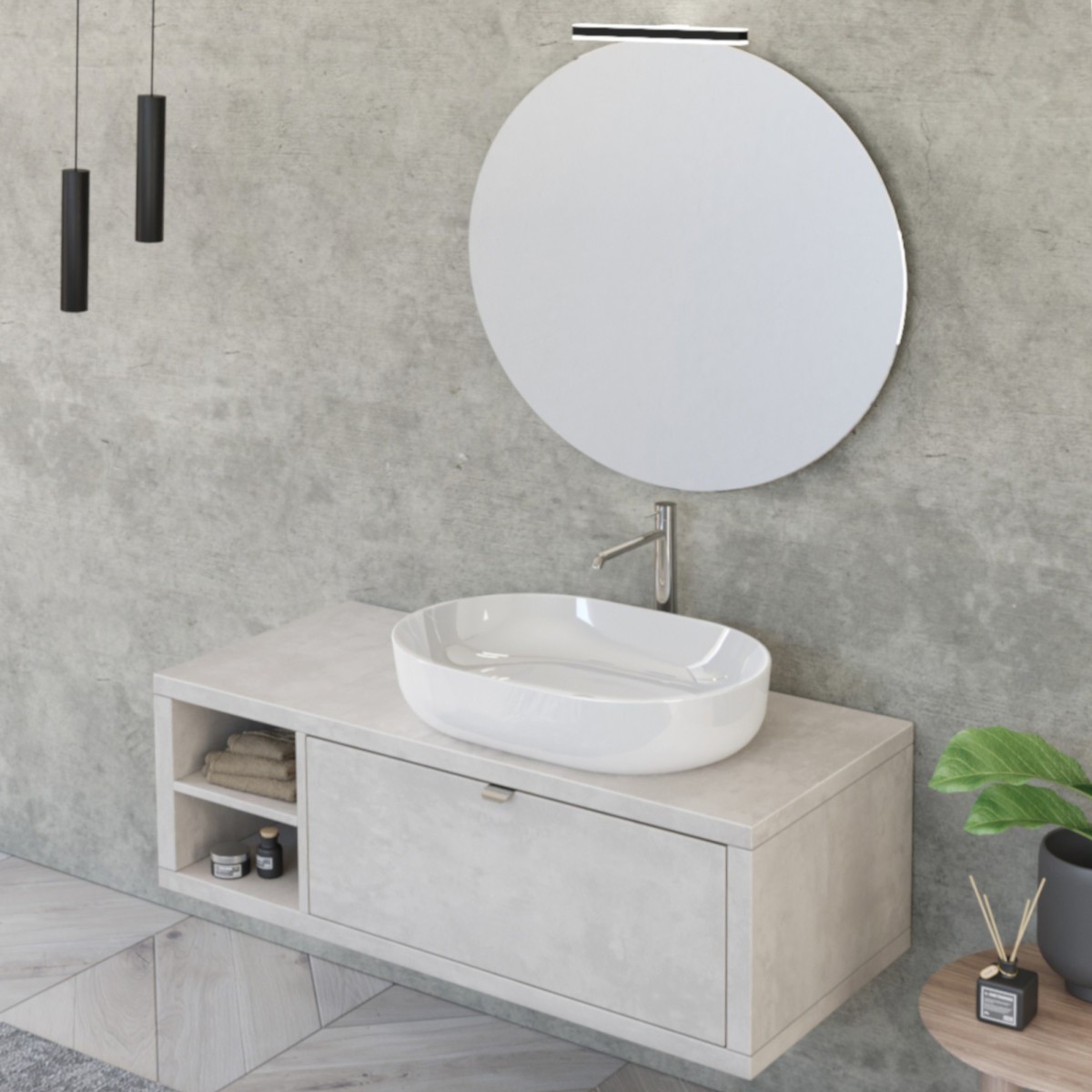 Meuble de salle de bain suspendu 110cm avec étagère et miroir DOMINO gris ciel