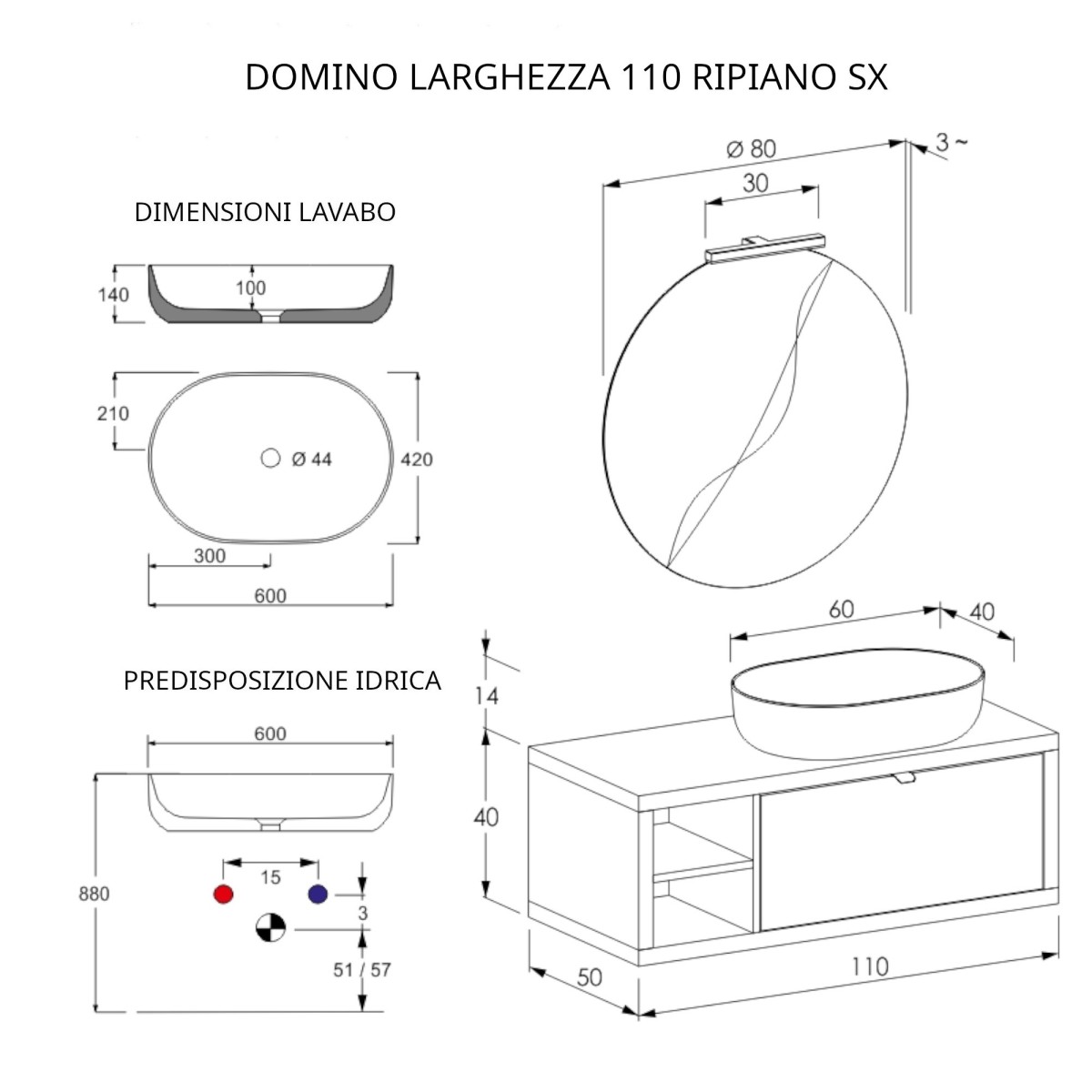 Meuble de salle de bain suspendu 110cm avec étagère et miroir DOMINO gris ciel