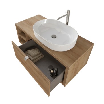 Mobile bagno sospeso 110cm un ripiano specchiera rovere farnia DOMINO