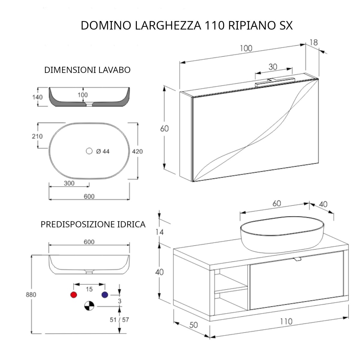 Mobile bagno sospeso 110cm un ripiano specchiera rovere farnia DOMINO