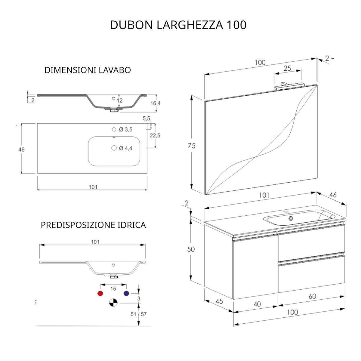 Mobile bagno sospeso 100cm con specchio bianco opaco DUBON