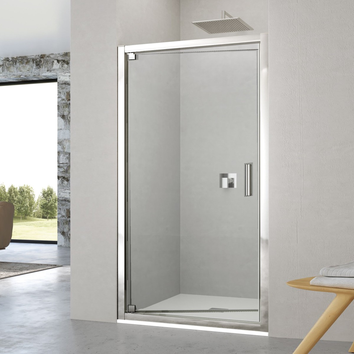 Porte de douche en niche pivotante à charnière transparente H190