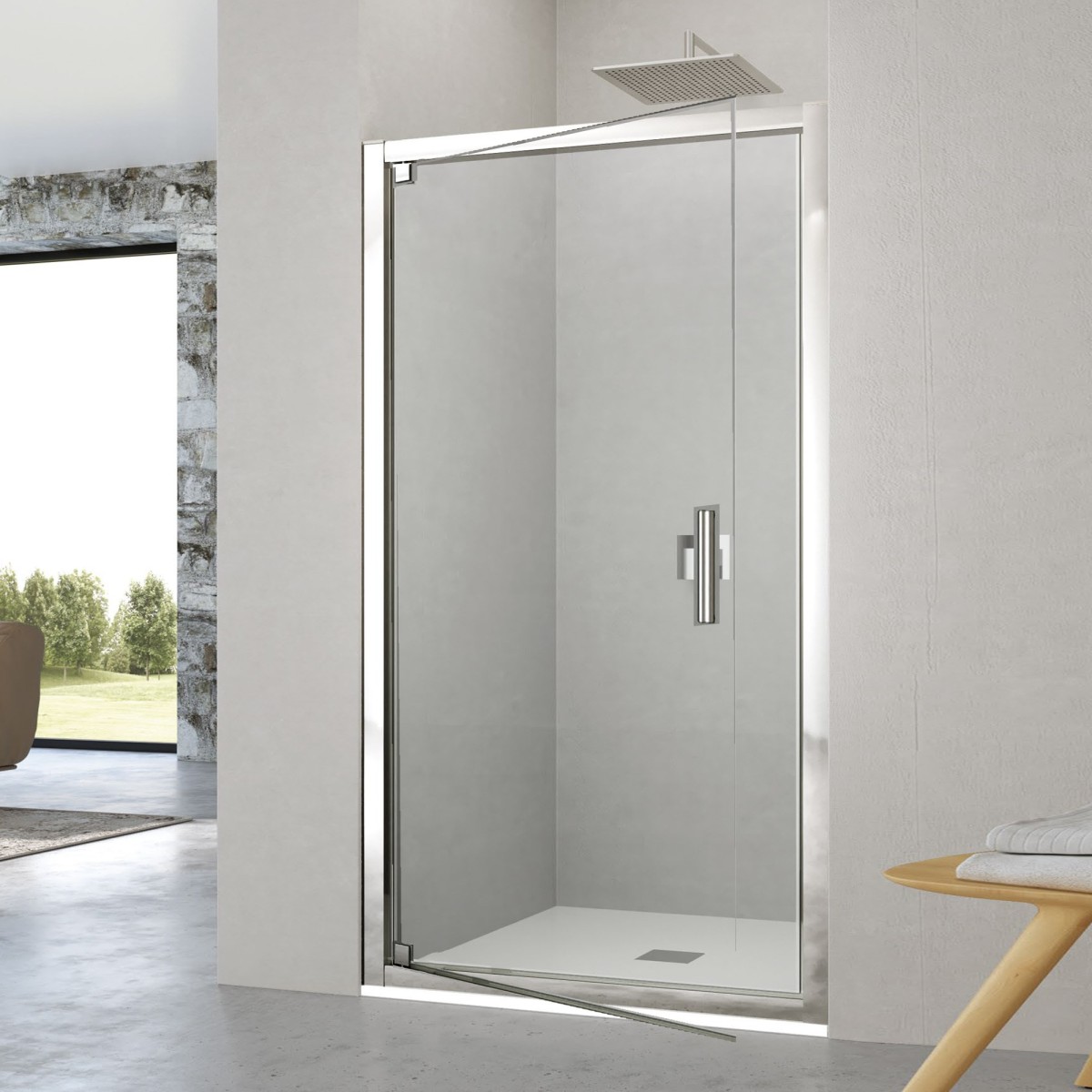 Porte de douche en niche pivotante à charnière transparente H190