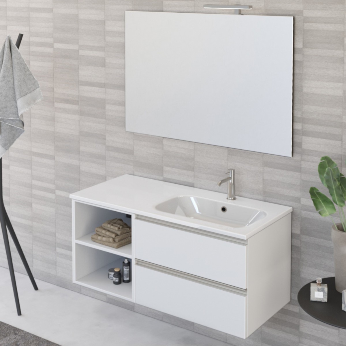 Meuble de salle de bain suspendu 100cm avec étagère et miroir DUBON blanc mat