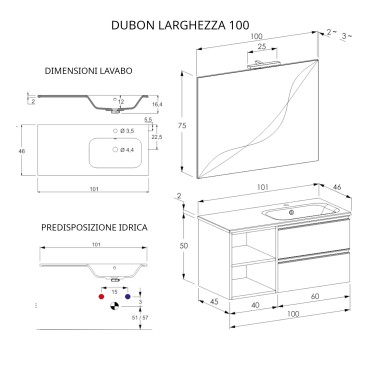 DUBON hängender Badezimmerschrank 100 cm mit Regal und mattweißem Spiegel